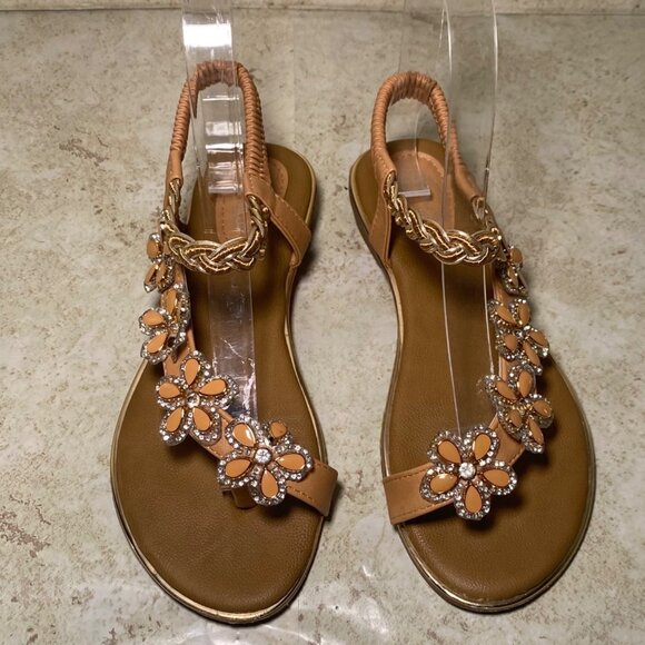 Womens Tan Beaded Floral Sandals Braided Strap Rhinestones Boho Fairy Cottage - Picture 2 of 9